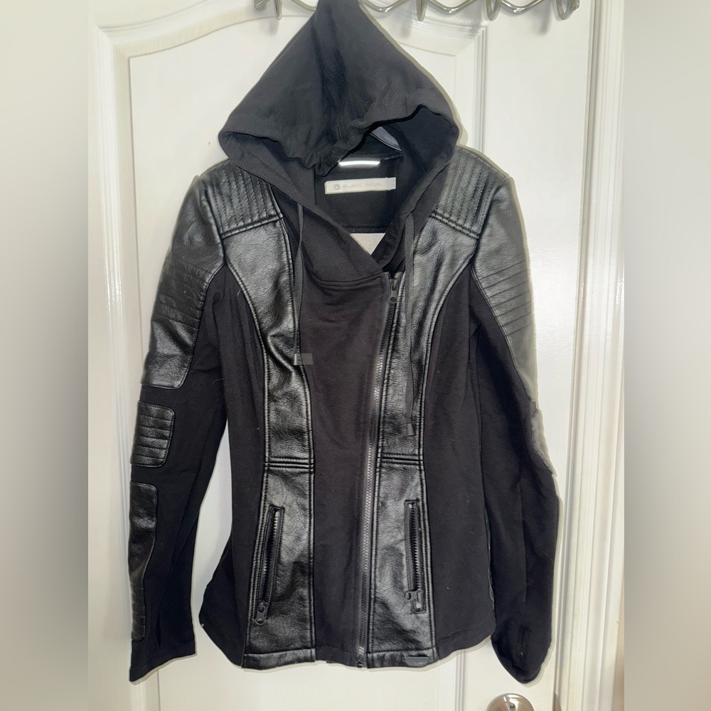 Blanc Noir Mixed Materials Black Hooded Biker Jacket Size XS